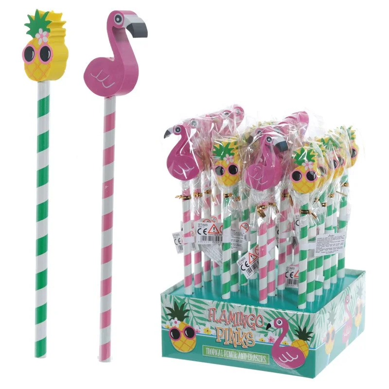 Cute tropical pencil set featuring a printed leaf pattern on an HB pencil and a matching rubber eraser.
