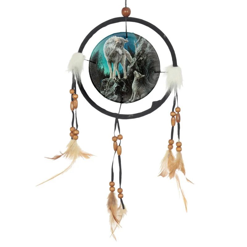 Small wolf dreamcatcher with printed polyester, plastic, nylon, feathers, acrylic and wooden beads, faux leather and faux fur.