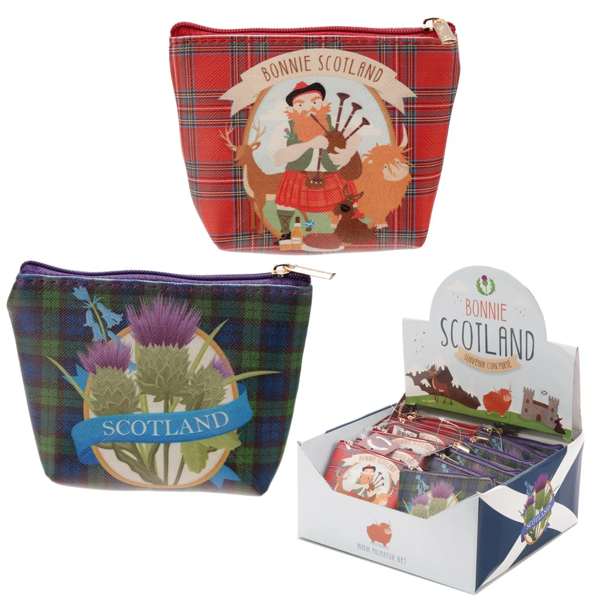 PVC purse with metal accents in Bonnie Scotland design, clear PVC material, simple silhouette with a small clasp.