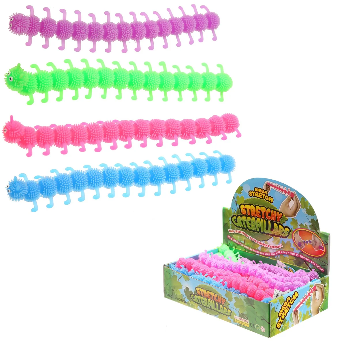 Fun Kids rubber stretch caterpillar toy with flexible segments, CE/UKCA marked, suitable for ages 3+
