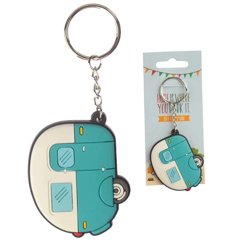 Caravan keyring made of PVC with stainless steel metal detailing, suitable for vehicle keys.
