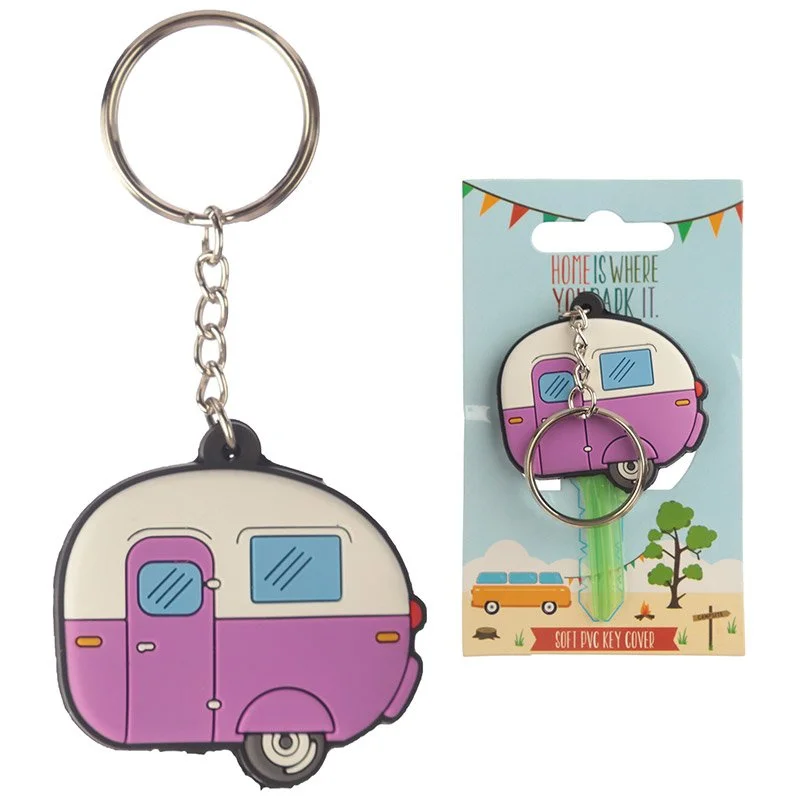 Caravan key cover keyring in PVC with stainless steel metal clip, white finish.