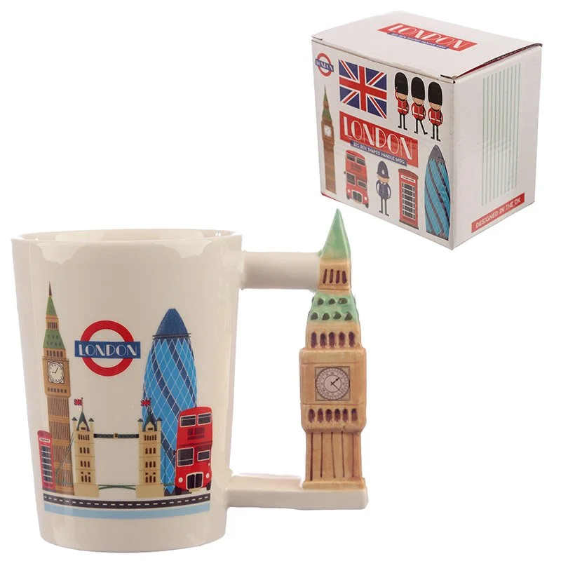Ceramic London Big Ben mug with shaped handle, 400ml capacity, food‑safe, made in China.