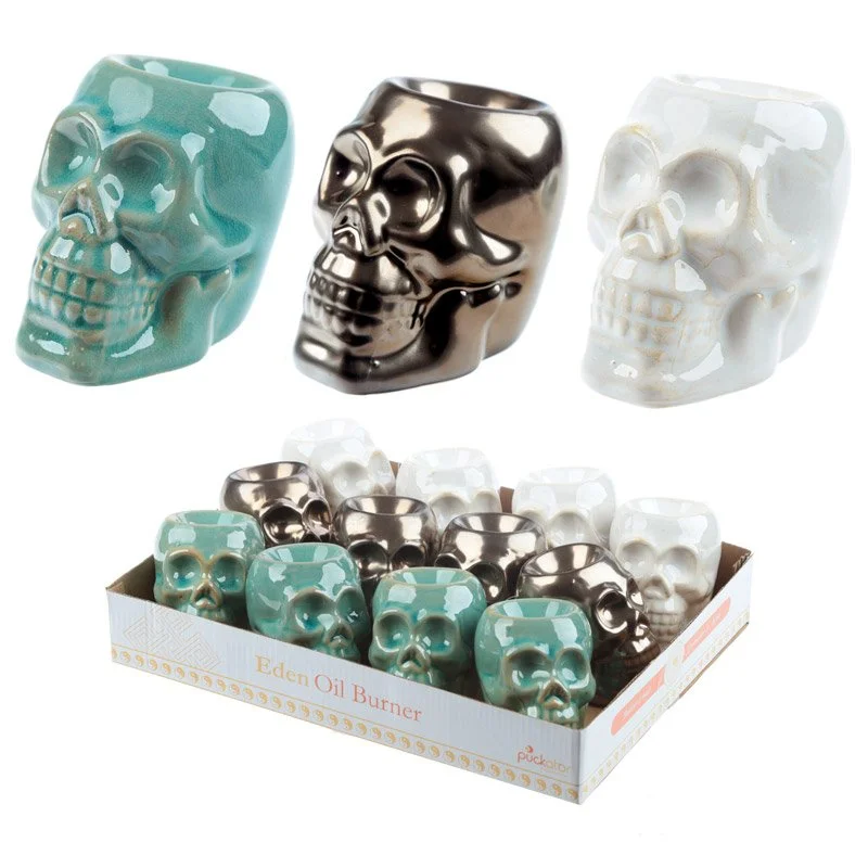 Skull-shaped mini ceramic oil burner made of dolomite ceramic, ready for water and oils.