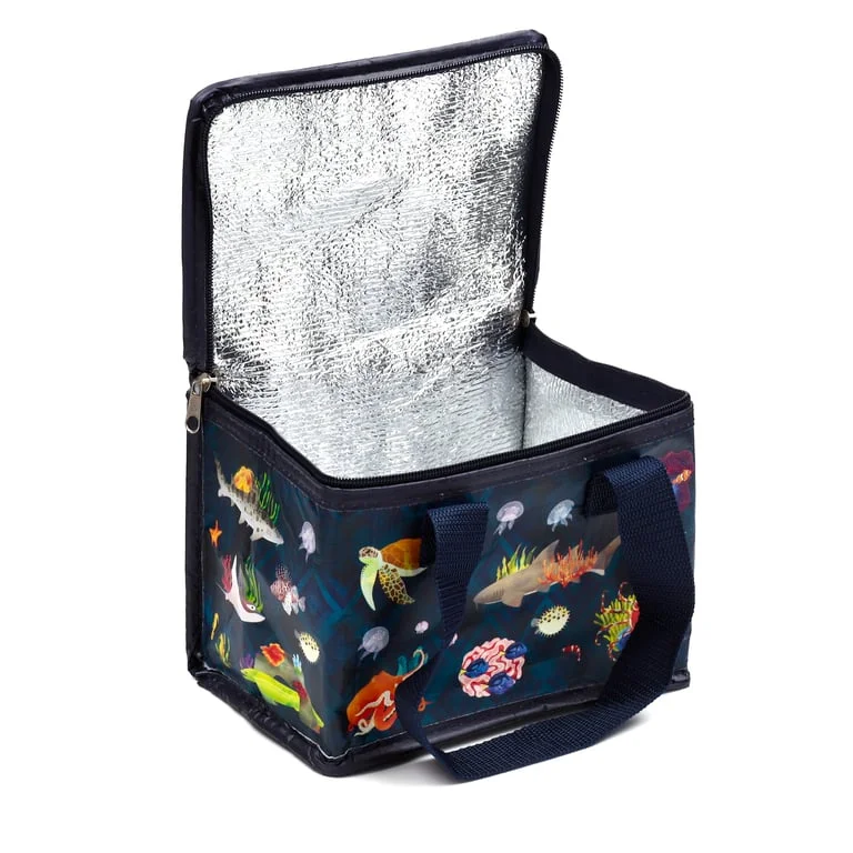 Zip up cooler bag made from recycled plastic bottles with two handles, insulated to keep food warm or cool longer