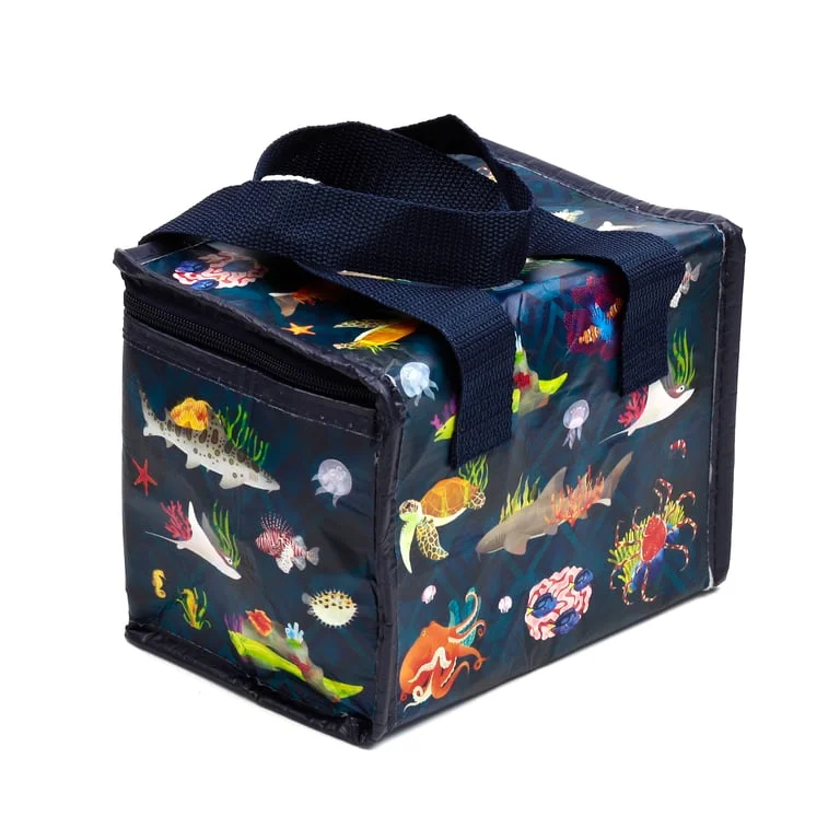 Reusable insulated bag made from recycled plastic bottles with zip closure and dual polypropylene webbing handles
