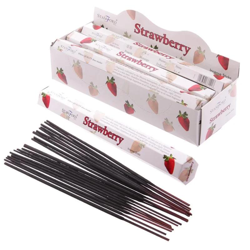 A bundle of 20 strawberry incense sticks displayed on a wooden surface.