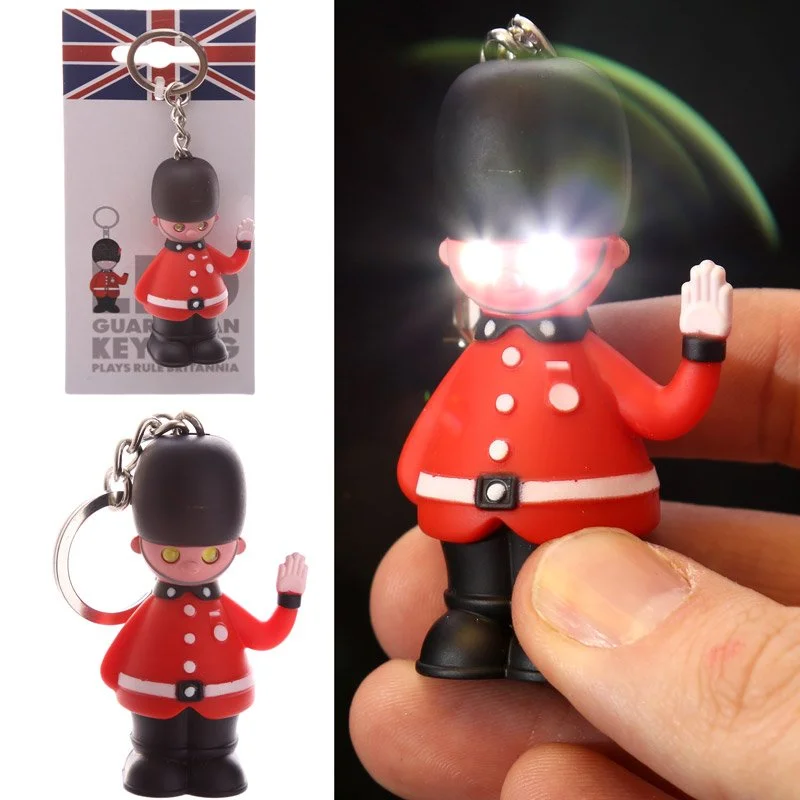 LED sound keyring with glowing lights, ABS plastic and iron alloy metal chain, stamped Rule Britannia Guardsman