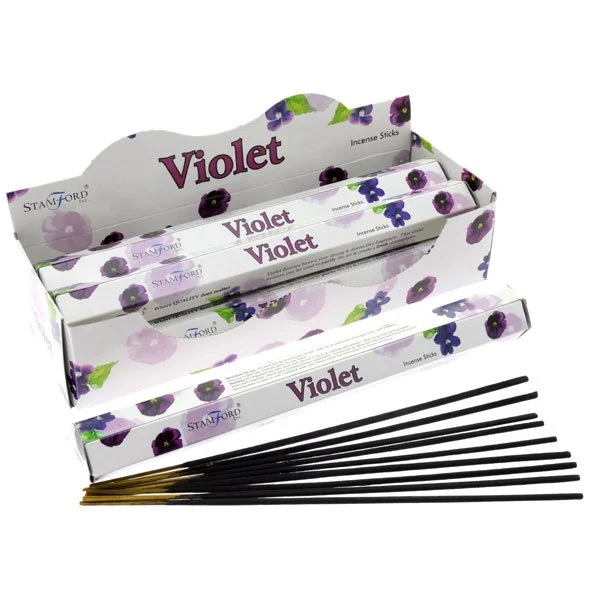 Violet incense sticks in a pack of 20, with cruelty‑free and vegan symbols displayed.