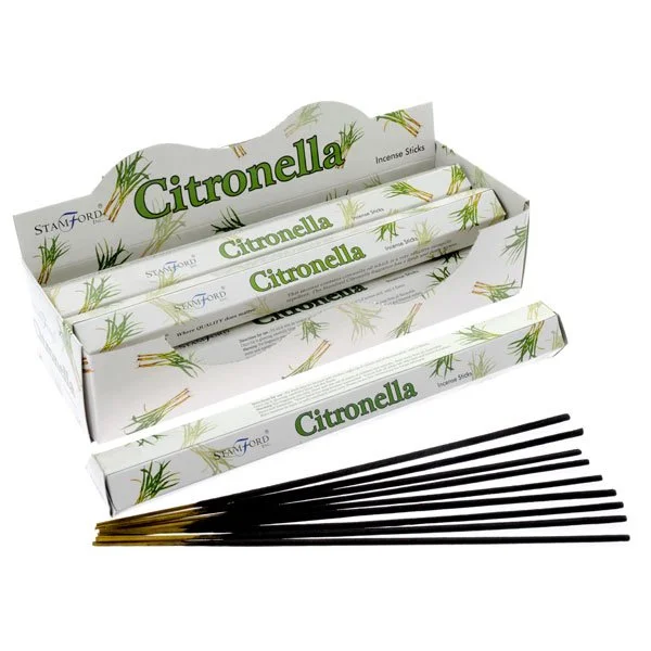 Pack of 20 hand‑rolled citronella incense sticks in a white box, labeled Stamford Hex, with cruelty‑free and vegan symbols