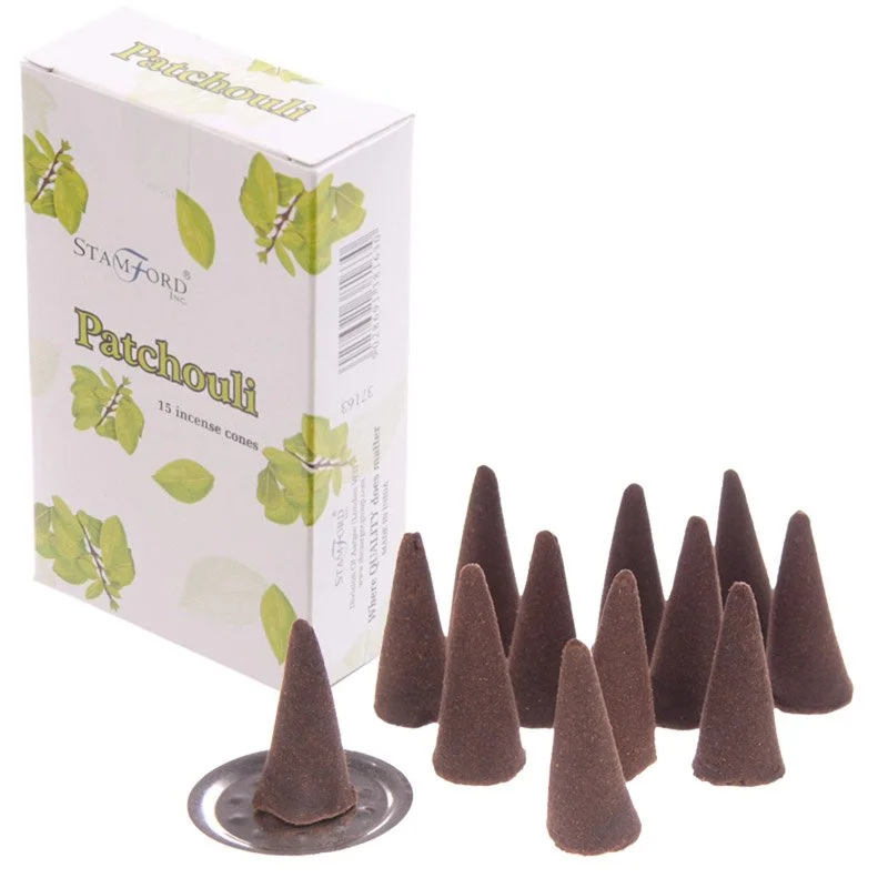 Box of 15 hand‑rolled patchouli incense cones with cruelty‑free and vegan symbols.