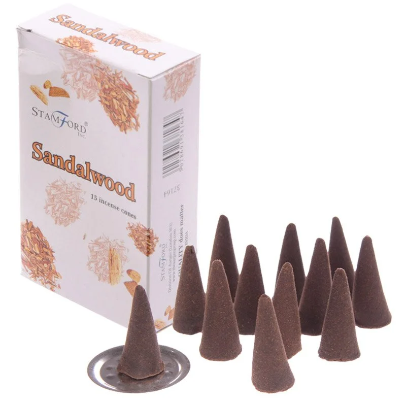 Hand‑rolled sandalwood incense cones with vegan and cruelty‑free symbols.