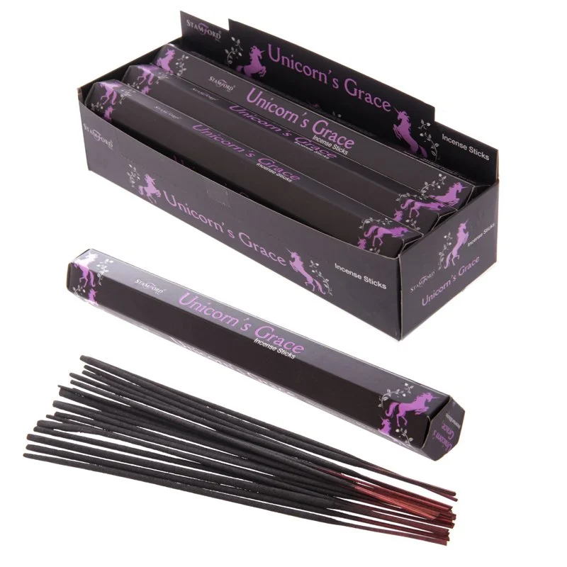 Unicorn incense sticks in a black pack of 12, cinnamon fragrance, cruelty‑free and vegan symbols.