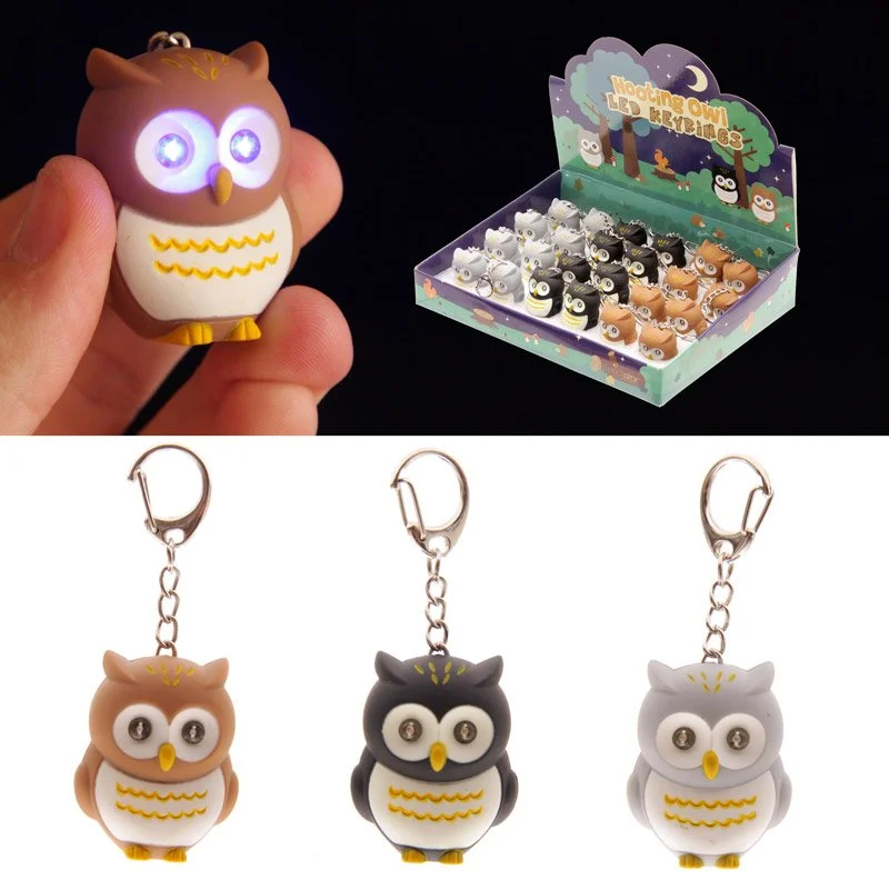 LED owl keyring with glowing eyes and hooting sound, plastic and iron housing, batteries included.