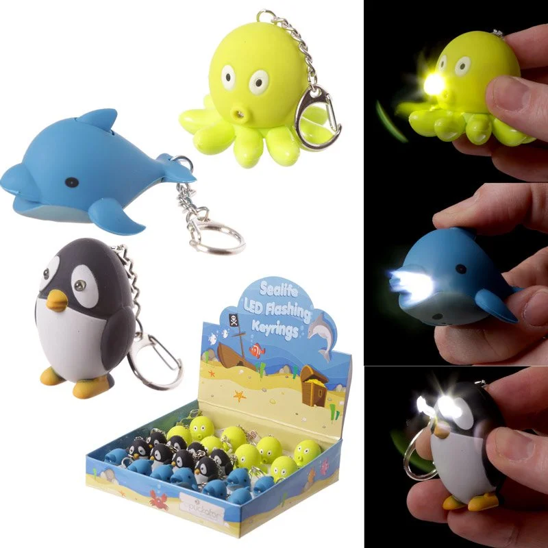 LED sealife keyring with glowing light and squeaking sound effect, plastic and metal design, batteries included symbol displayed
