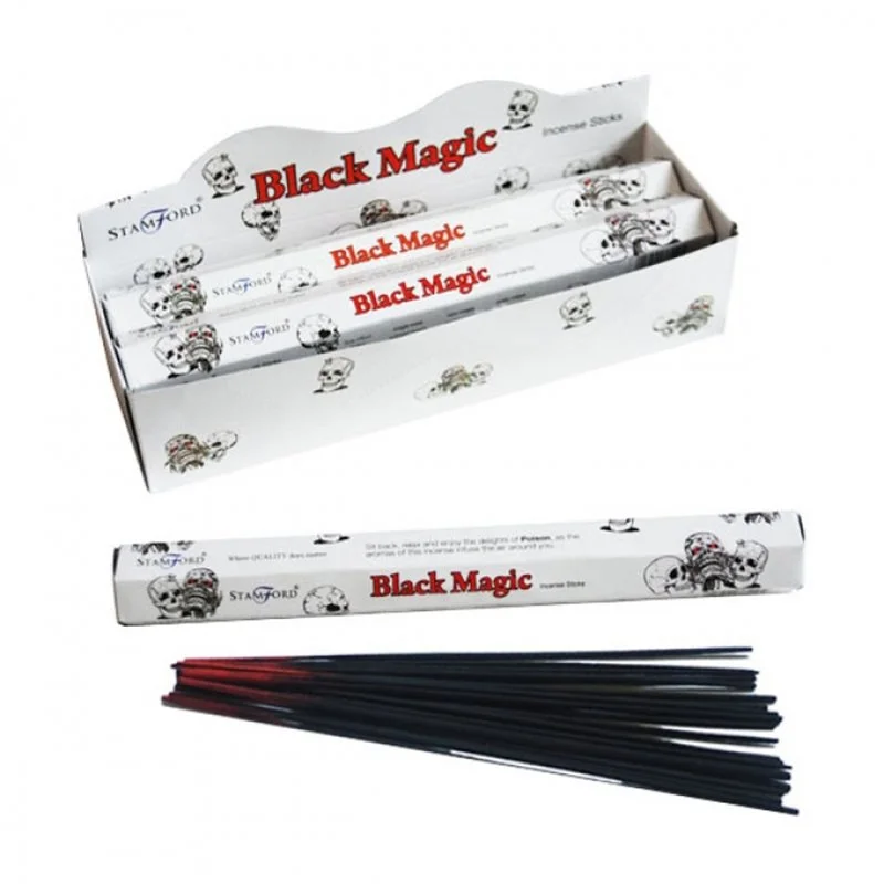 Hand‑rolled black magic Stamford hex incense sticks, 20 per pack, features cruelty‑free and vegan incense sticks symbols.