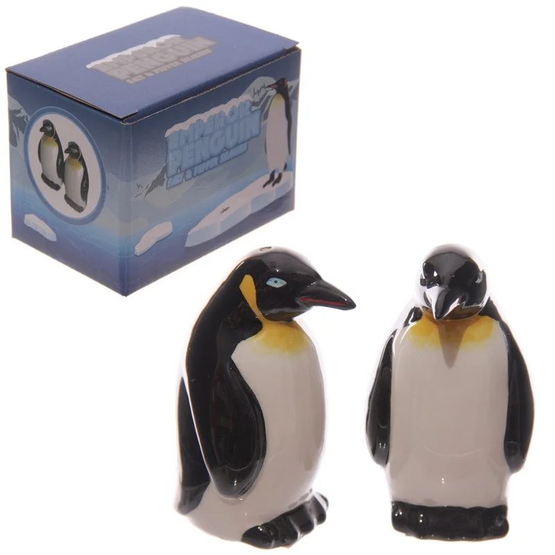 Ceramic salt and pepper shakers featuring a penguin design, ceramic pots with rubber bung filling, from China.