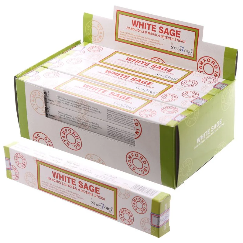 Hand‑rolled white sage incense sticks, 15 in a pack, displayed in a bundle.