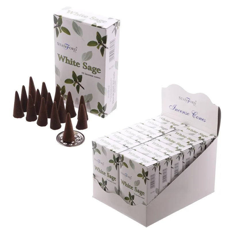 Shelf of 15 white sage incense cones from Stamford, hand‑rolled, cruelty‑free and vegan.