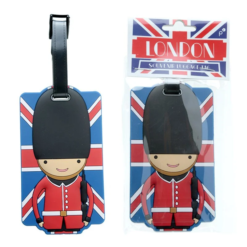 PVC London luggage tag featuring Union Jack flag and London Guardsman figurine.