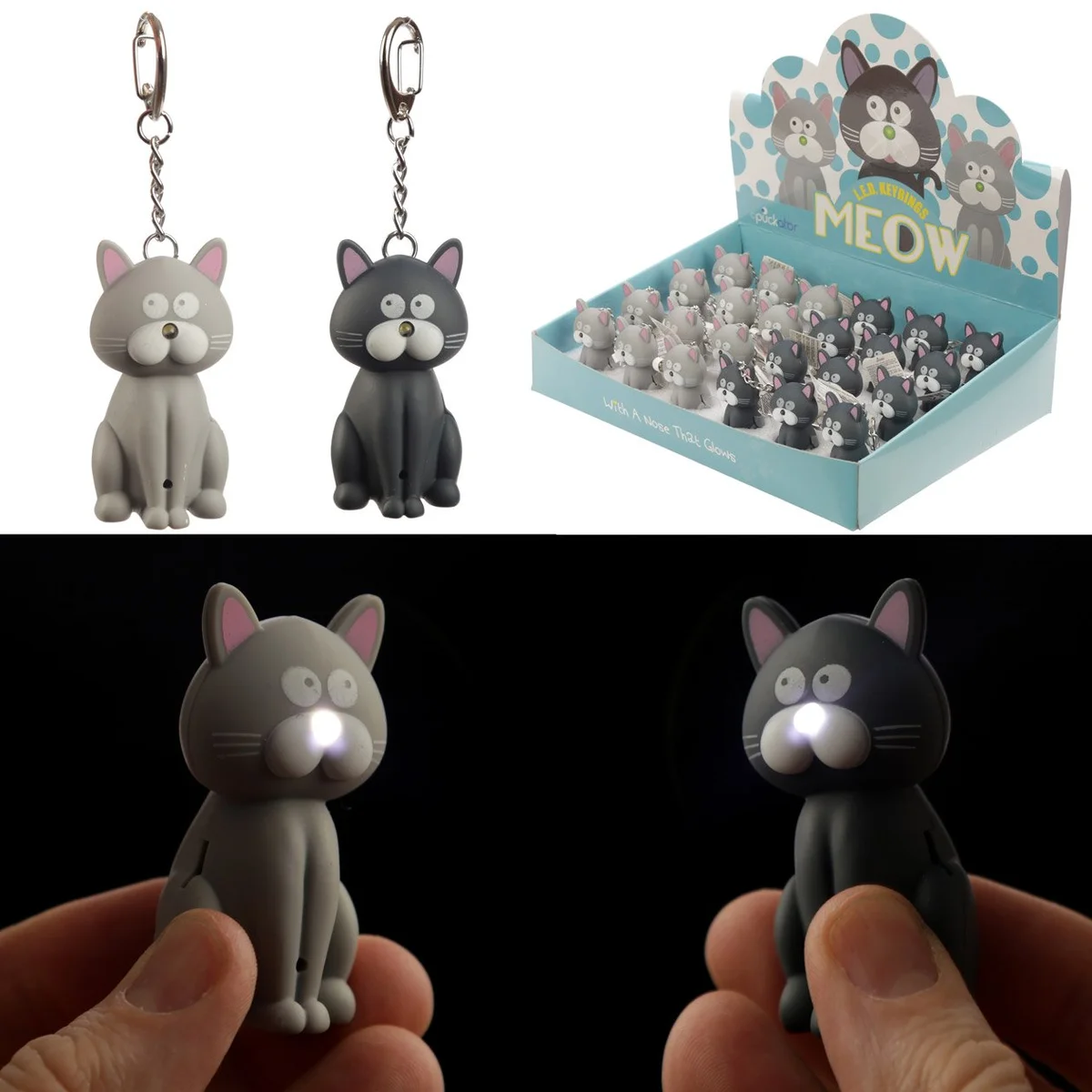 LED cat keyring with cat shape, bright light and meowing sound, metal body with plastic accents, batteries included