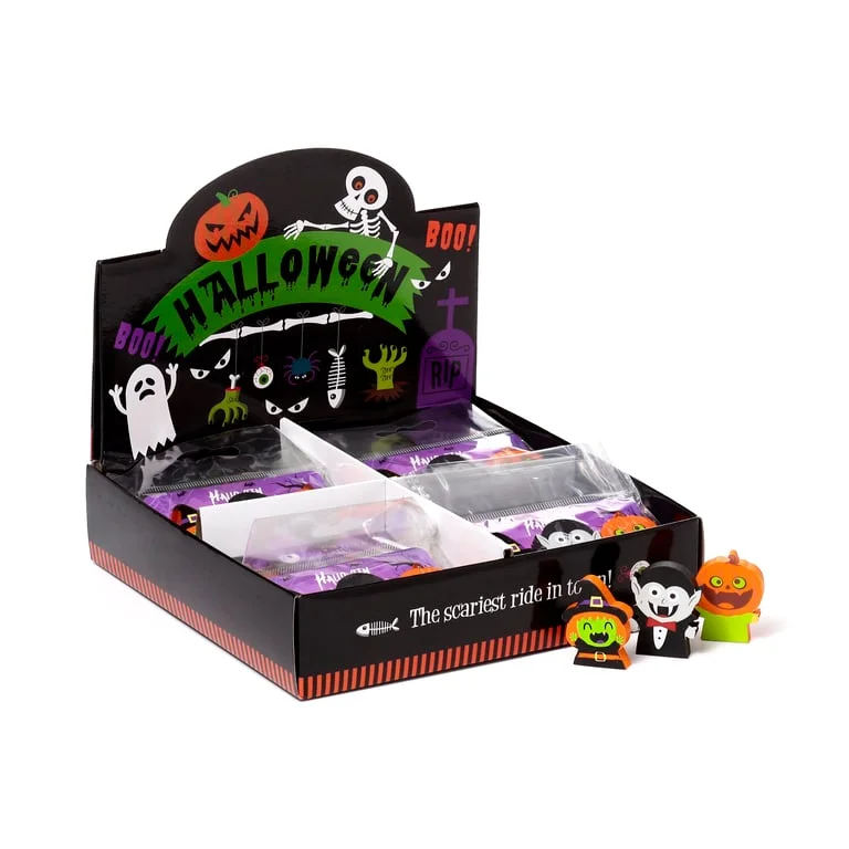 Cute Halloween eraser set with rubber witch, vampire, and pumpkin shapes, CE/UKCA marked, perfect for kids 3+