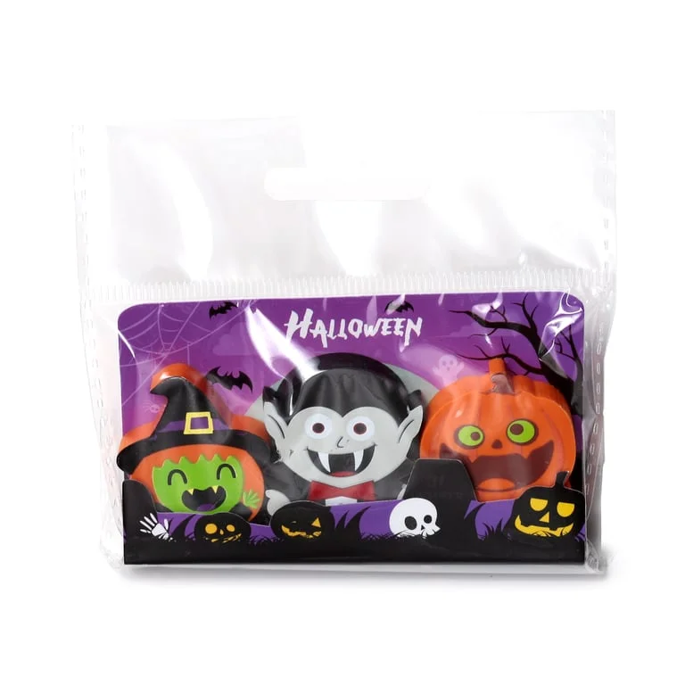 Three rubber erasers – a witch, a vampire eraser, and a pumpkin, CE/UKCA marked, suitable for ages 3 and up.