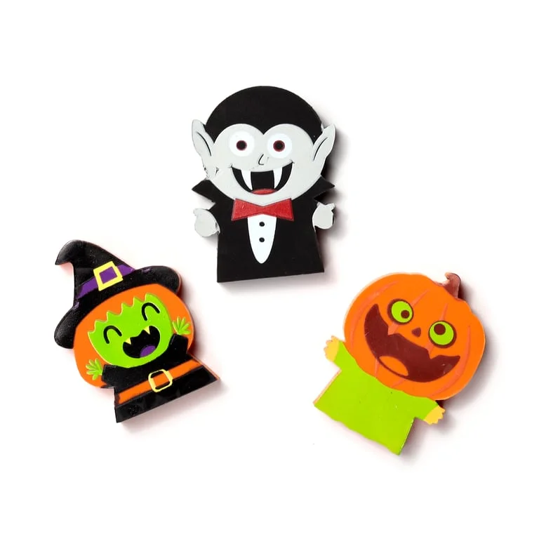 3‑piece Halloween eraser set featuring witch, vampire and pumpkin rubber erasers.