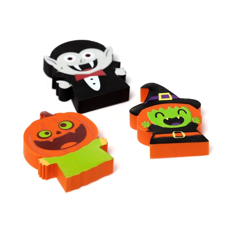 Halloween eraser set featuring a witch, vampire and pumpkin themed erasers made of rubber CE/UKCA marked