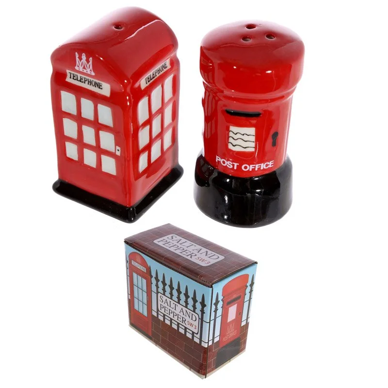 Ceramic salt and pepper set with telephone box and post box designs, clear ceramic shakers with bottom fill bung.