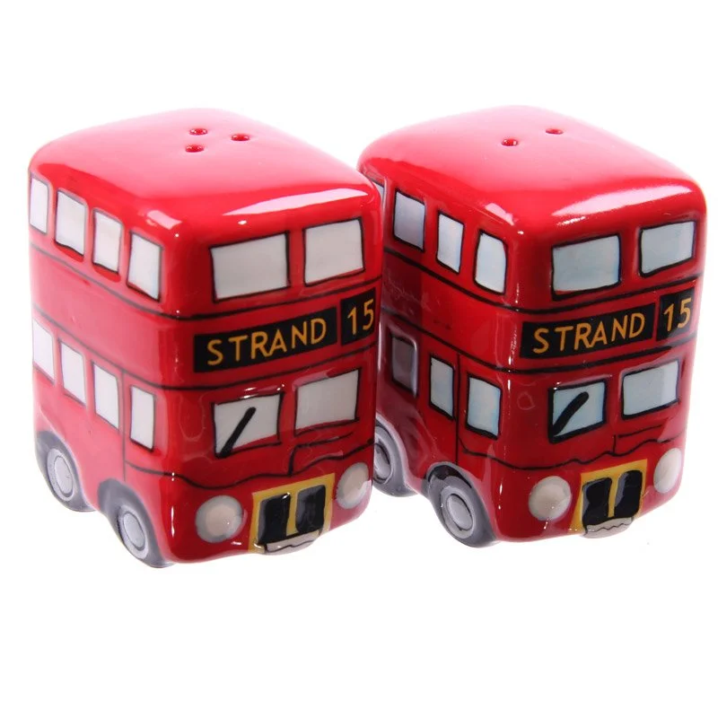 Ceramic salt pepper set with Routemaster bus design, each shaker features a rubber bung access.