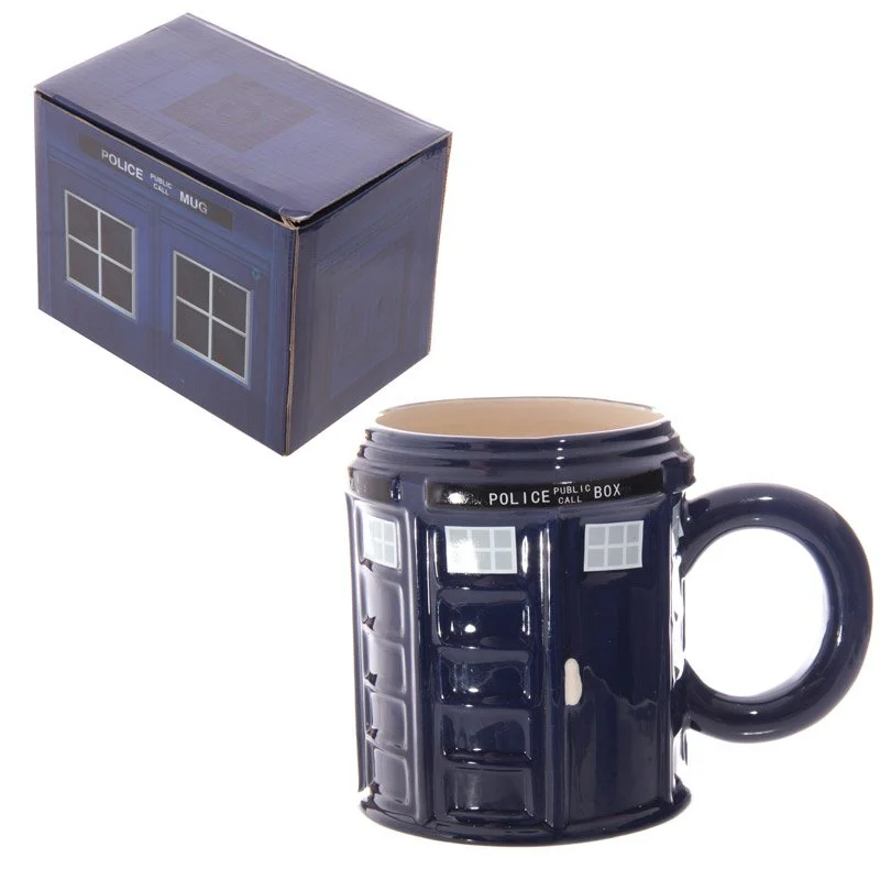 Cylindrical ceramic police box mug with round shape, 500ml capacity, made of dolomite from China.