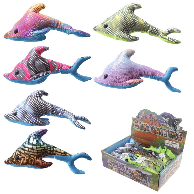 Cute dolphin sand paperweight made of polyester with fine washed sand inside, wrapped in a colourful design.