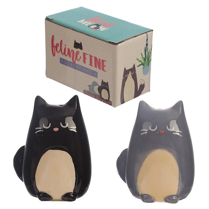 Ceramic salt pepper set featuring black and grey cat designs, two shaker pots with rubber bung access, food safe.