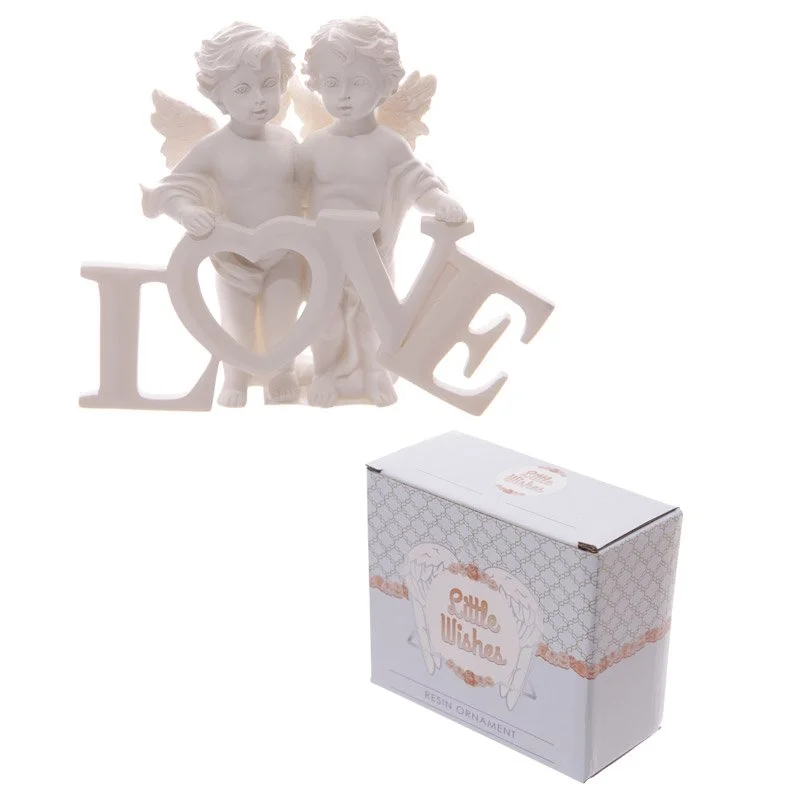 Resin cherub love figurine holding LOVE letters, depicting a cute couple.