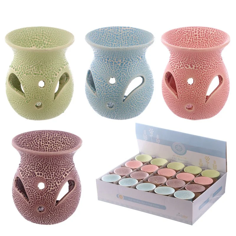 Dolomite ceramic oil burner with crackled glaze, cut‑out pattern dish for water or oil.