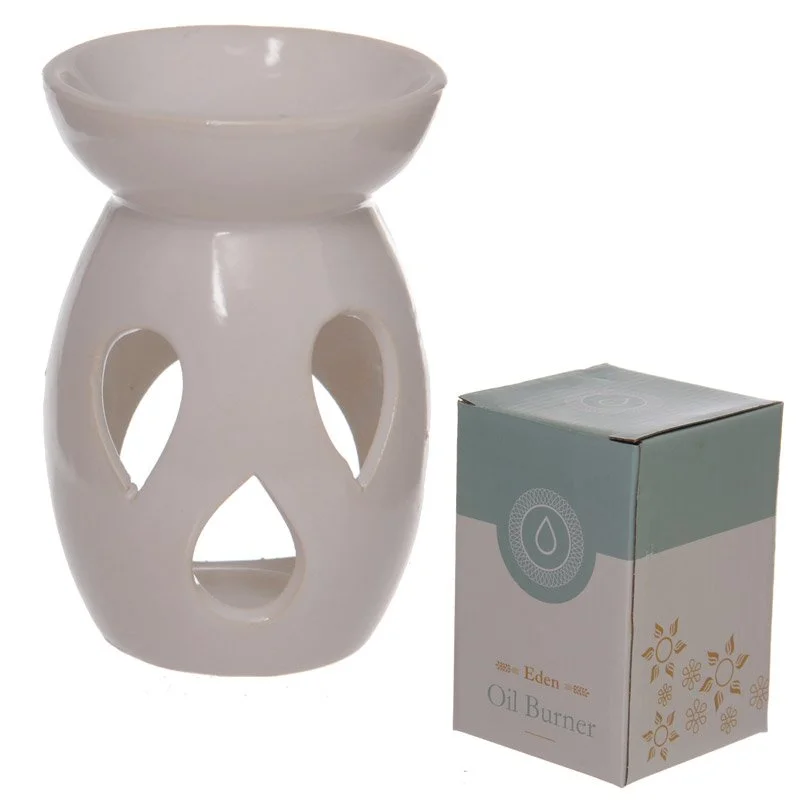 White ceramic wax burner with simple tear‑drop cut‑out shape, open interior top, porcelain body.