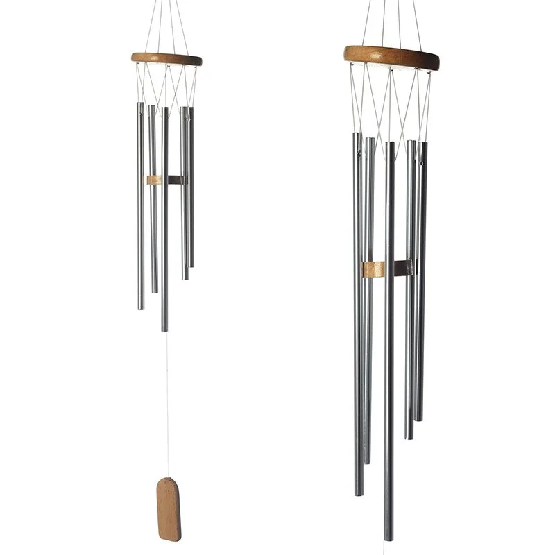 Decorative garden wind chime hanging outdoors, featuring aluminium and stainless steel rings, pine wood, 77cm.