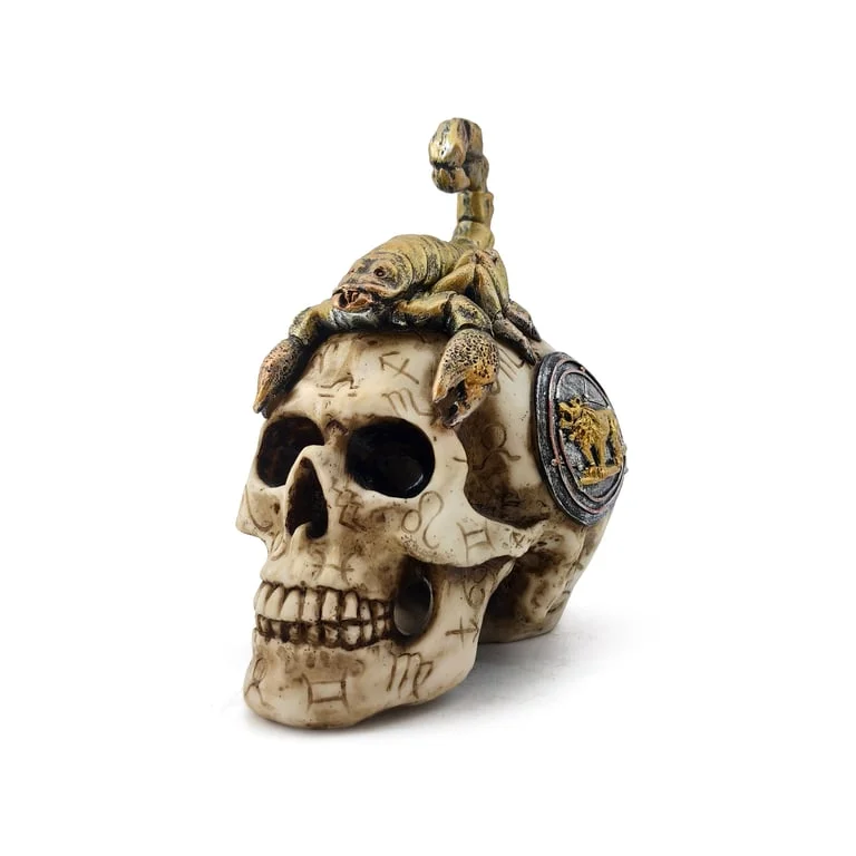 Scorpion skull ornament made of resin and metal, decorative piece.