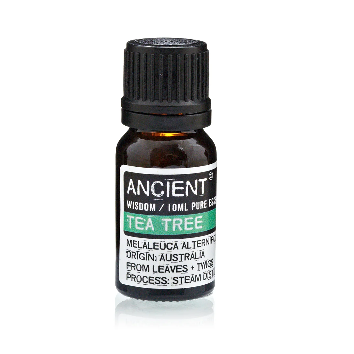 10 ml bottle of essential oil tea tree with label