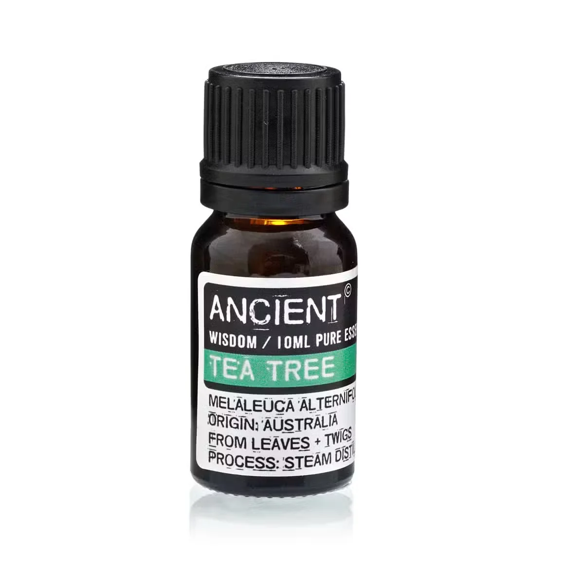 Clear glass bottle with 10 ml tea tree essential oil, labelled tea tree oil UK.