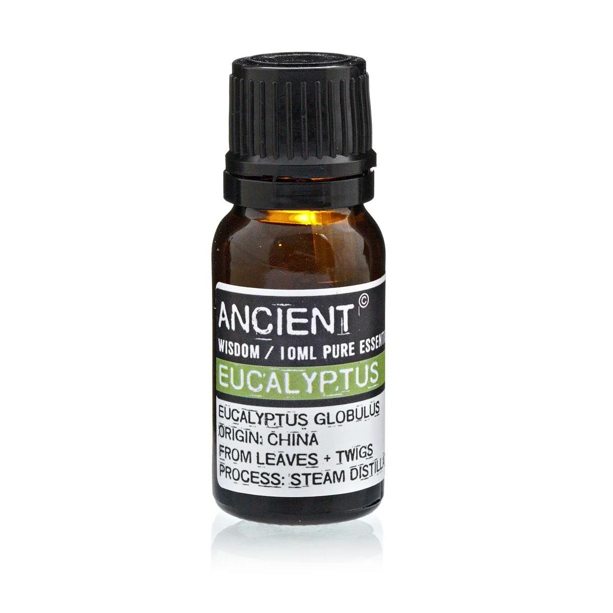 10ml bottle of eucalyptus essential oil, clear glass, label visible