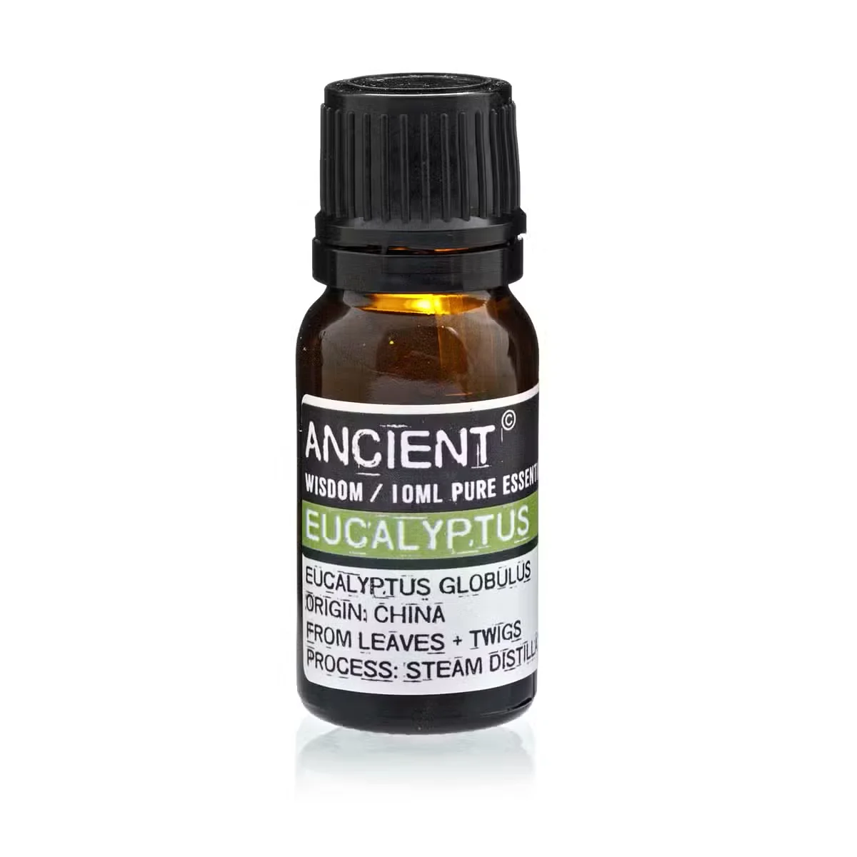 small glass bottle of essential oil 10ml eucalyptus with green leaf label