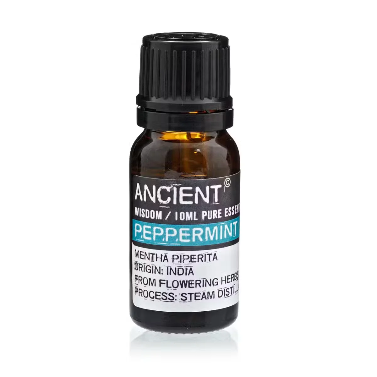 Peppermint essential oil 10ml in a clear glass bottle with dark green cap, small label.