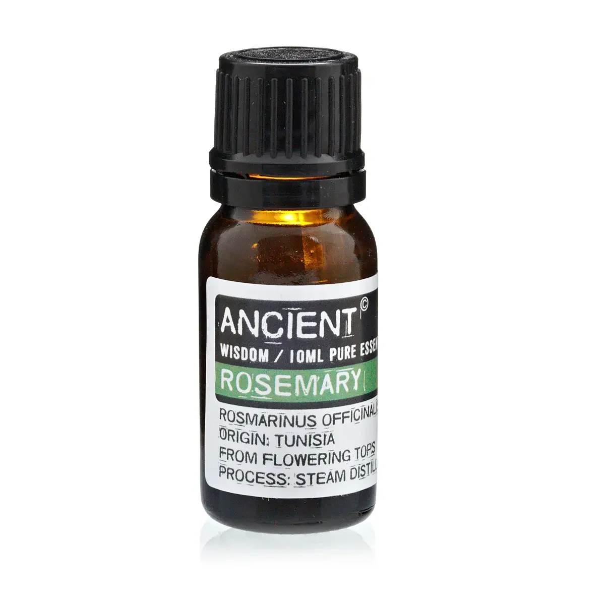 10 ml clear glass bottle of rosemary essential oil, dark green cap