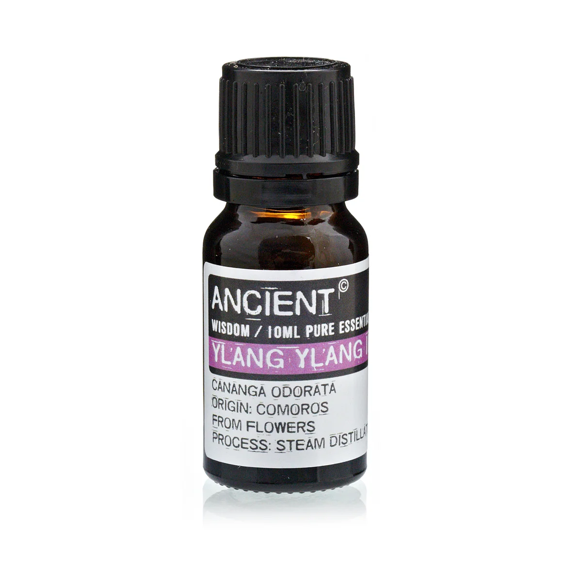10 ml bottle of Ylang Ylang I Essential Oil, embossed label on clear glass with dark liquid.