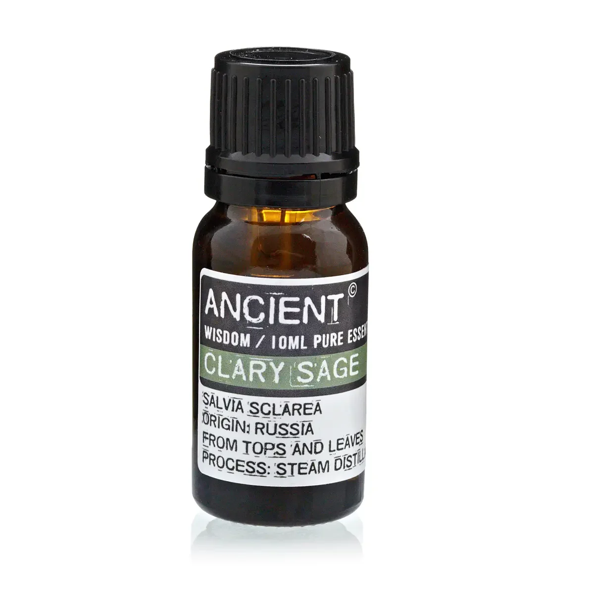 Glass bottle of 10 ml clary sage oil, labeled "Clary Sage Essential Oil".