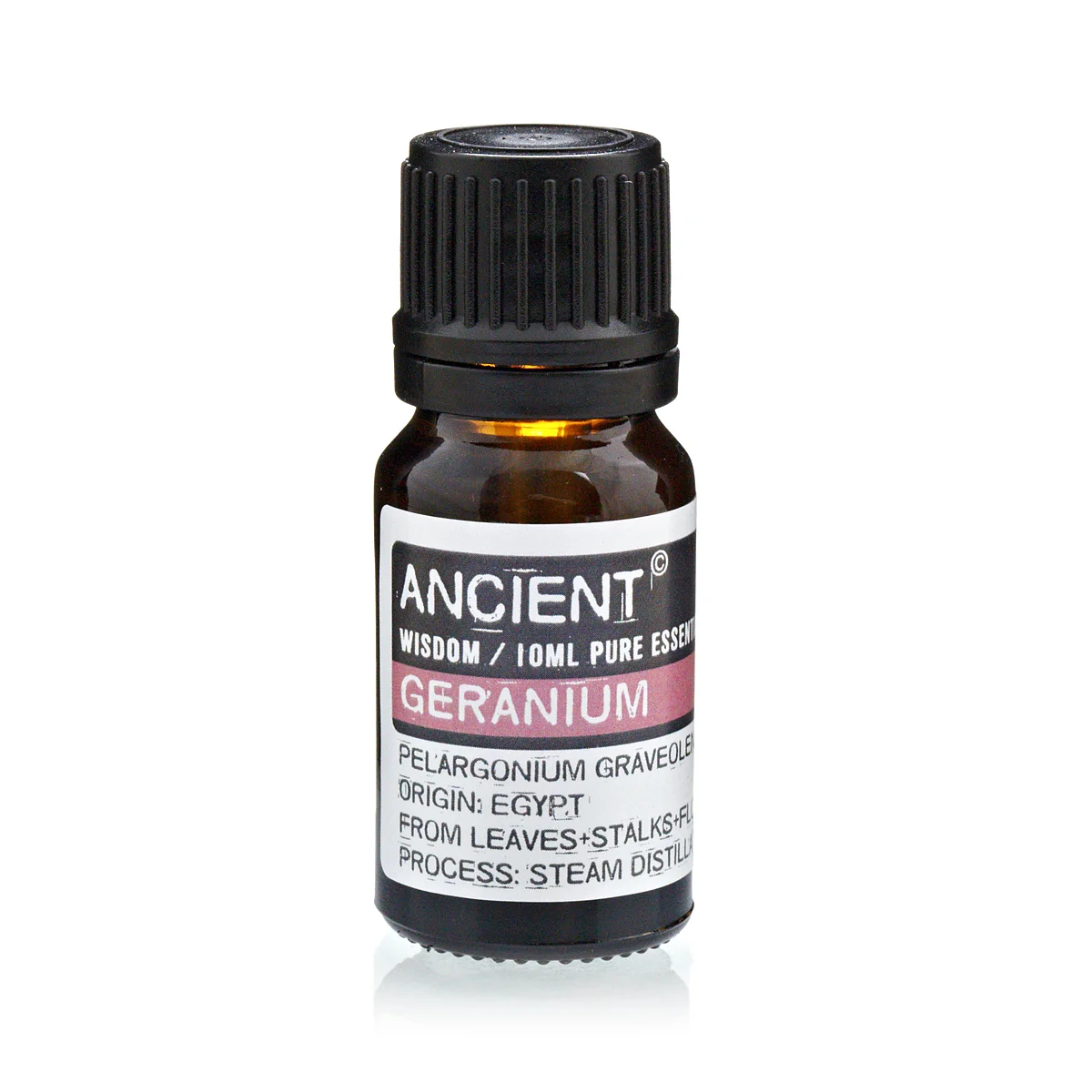 10 ml clear glass bottle of geranium essential oil with a simple label inside a small container.