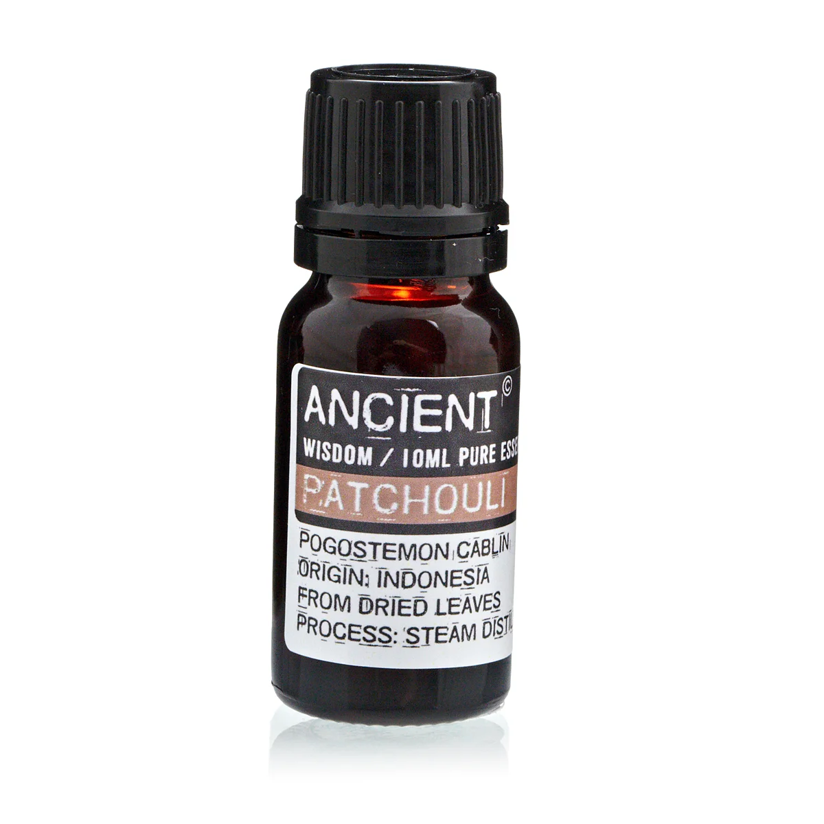 10ml patchouli oil bottle in clear glass vial with labeled cap.