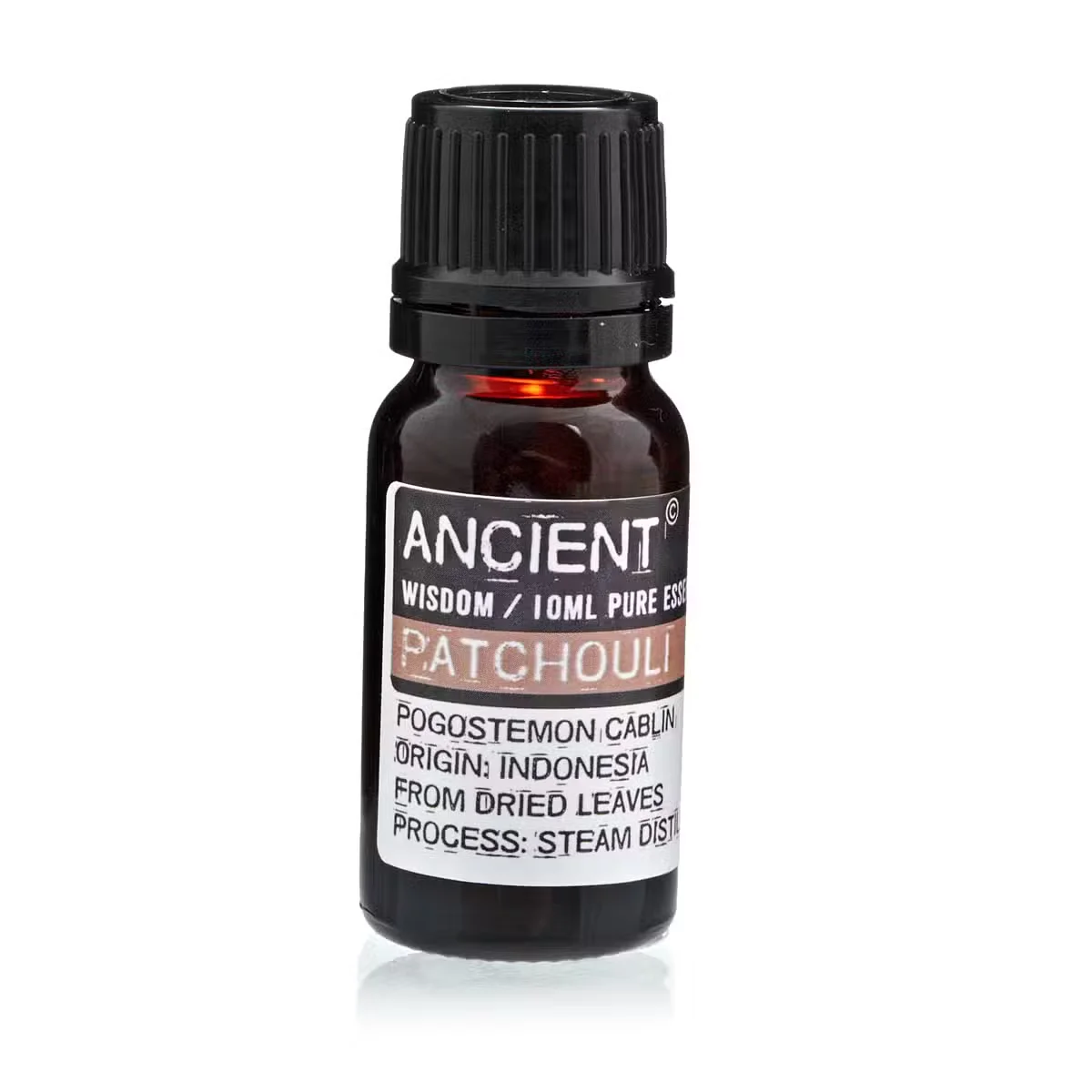 10 ml bottle of Patchouli Essential Oil, clear glass bottle with dropper cap.